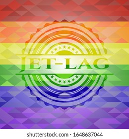 Símbolo de jet lag sobre fondo de mosaico con los colores de la bandera LGBT