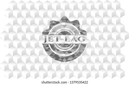 Jet-lag grey emblem. Vintage with geometric cube white background