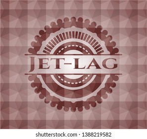 Jet-lag red emblem with geometric pattern background. Seamless.