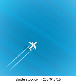 Jetliner flight above the blue sea on top speed. Aircraft with turbines trace and shadow. Template for design with copyspace