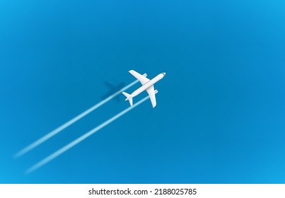 Jetliner flight above the blue sea on top speed. Aircraft with turbines trace and shadow. Template for design with copyspace