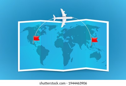 Jetliner Flight Trajectory From Country To Country With Dashes Trace