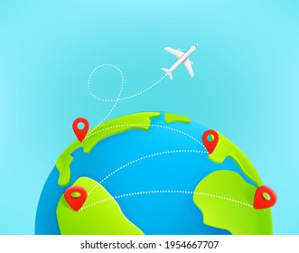 Jetliner Flight Trajectory From Country To Country With Dashes Trace