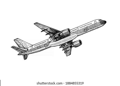 Jetliner hand drawn realistic doodle sketch tracing vector llustration. Airline Concept Travel Passenger plane. Jet commercial airplane.