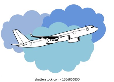 Jetliner hand drawn realistic doodle sketch tracing vector llustration. Airline Concept Travel Passenger plane. Jet commercial airplane against the background of blue clouds.