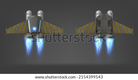 Jetpack with blue fire and yellow stripes on wings, top and bottom view, isolated 3d vector device for flying. Jet pack futuristic mechanical turbo engine with wings for pilot, realistic illustration