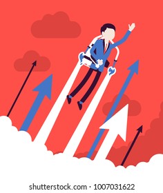 Jetpack businessman flight. Young man with backpack device, got a push into the air to success, flying up to profit, achieving of results. Vector business concept illustration with faceless characters