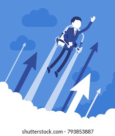 Jetpack businessman flight. Young man with backpack device, got a push into the air to success, flying up to profit, achieving of results. Vector business concept illustration with faceless characters