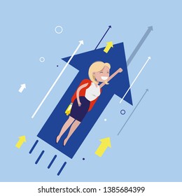 Jetpack businesswoman flight. Young happy woman with backpack device, got a push into air to success, flying up to profit, achieving of results. Vector business concept flat style cartoon illustration