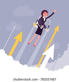 Jetpack businesswoman flight. Young happy woman with backpack device, got a push into air to success, flying up to profit, achieving of results. Vector business concept flat style cartoon illustration