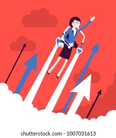 Jetpack businesswoman flight. Young woman with backpack device, got a push into air to success, flying up to profit, achieving of results. Vector business concept illustration with faceless characters