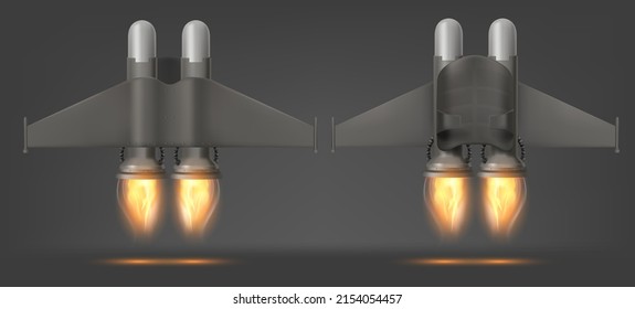 Jetpack with fire top and bottom view, isolated 3d vector device for flying. Jet pack futuristic mechanical turbo engine with wings, pilot aviation, super hero suit, realistic illustration