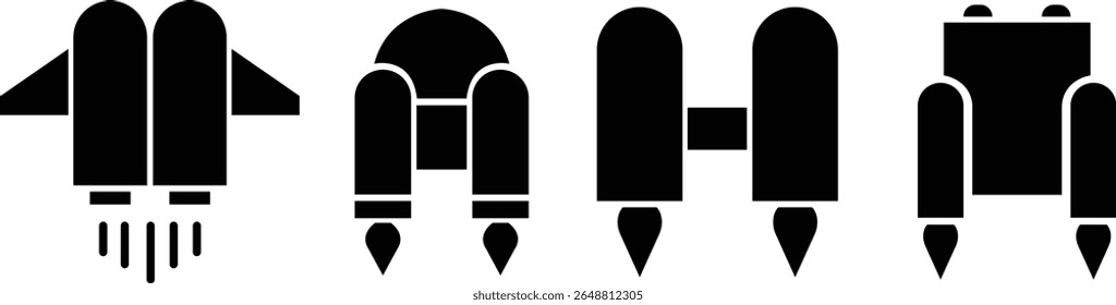 Jetpack flat icons set. Vectors from automation, high tech. Water sport activity on beach with jet backpack symbols. Air fly transportation booster. Space craft futuristic propulsion device signs.