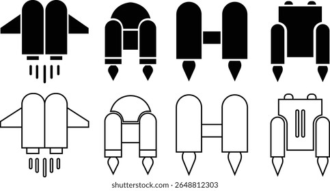 Jetpack flat, line icon set. Vectors from automation, high tech. Water sport activity on beach with jet backpack symbol. Air fly transportation booster. Space craft futuristic propulsion device signs.