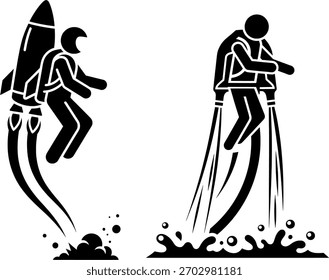 Jetpack und Flyboard Flying Future Technology Stick Figuren Symbolsatz