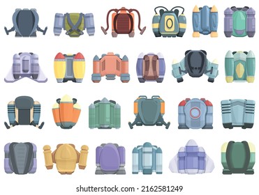 Los iconos Jetpack establecen el vector de dibujos animados. Vuelo con cohetes. Niño escolar