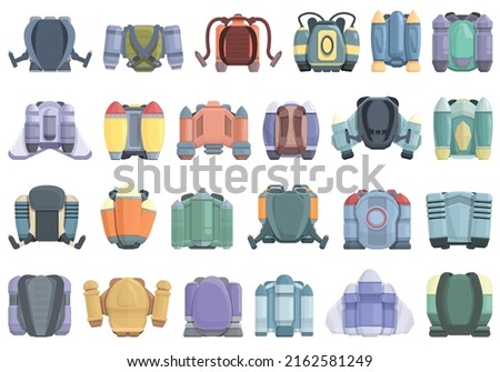 Jetpack icons set cartoon vector. Rocket fly. School boy