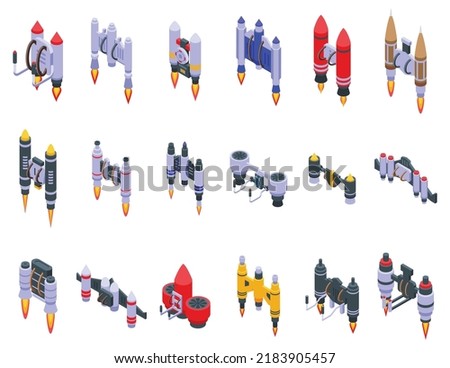 Jetpack icons set isometric vector. Rocket fly. School boy