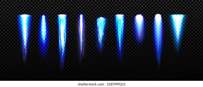 Jetpack light, blue fire flames of space rocket, shuttle launch. Comet or meteor trails isolated on transparent background. Spaceship or plane take off tracks, Realistic 3d vector illustration, set