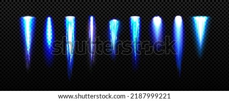 Jetpack light, blue fire flames of space rocket, shuttle launch. Comet or meteor trails isolated on transparent background. Spaceship or plane take off tracks, Realistic 3d vector illustration, set