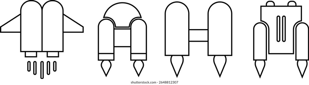 Jetpack line icons set. Vectors from automation, high tech. Water sport activity on beach with jet backpack symbols. Air fly transportation booster. Space craft futuristic propulsion device signs.