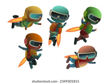 Jetpack. Zeichensatz. Einzeln auf weißem Hintergrund. Der Mensch im Helm fliegt. Reaktives Luftfahrzeug hinten. Cartoon-Stil. Vektorbild