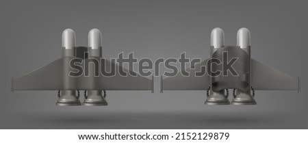Jetpack top and bottom view, isolated 3d vector device for flying. Jet pack futuristic mechanical turbo engine with wings, pilot aviation, super hero suit, scientific invention, Realistic illustration
