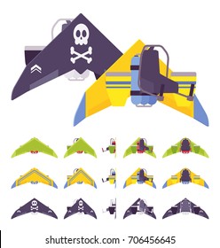 Jetpack with wings. Rocket belt device, worn on back, advanced aviation technology for travel activity in air. Vector flat style cartoon illustration, isolated, white background. Different positions