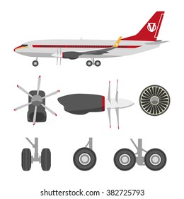 Jets constructor. Flat icons aircraft parts. Collection of symbols for the repair of aircraft. Vector illustration