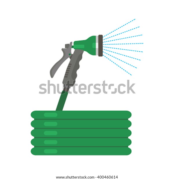 Jets of water irrigation equipment,\
plastic spray bottle with a hose vector. Flat\
icon