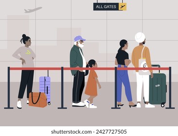 Jet-Setters Queuing for the Flight Call at the Terminal, Travelers with luggage await their turn to board by the gate signage