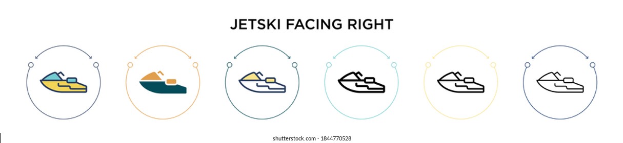 Jetski facing right icon in filled, thin line, outline and stroke style. Vector illustration of two colored and black jetski facing right vector icons designs can be used for mobile, ui, web
