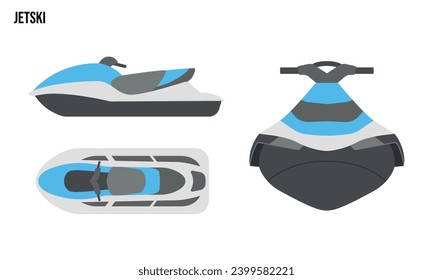 Jetski Flat design illustration, Public Vehicles , top view, side view, front view, isolated by white background