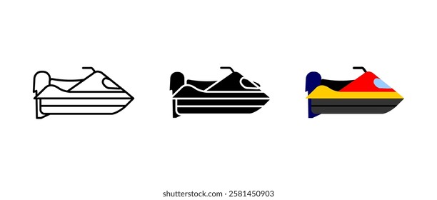 Jetski icon. Watercraft transport sign. High-speed boat symbol. Water ride vehicle pictogram. Extreme sport and water activity illustration.