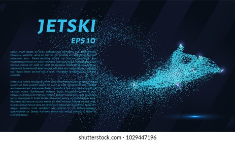 Jetski from the particles. Aquabike consists of dots and circles. Blue jet ski on a dark background.