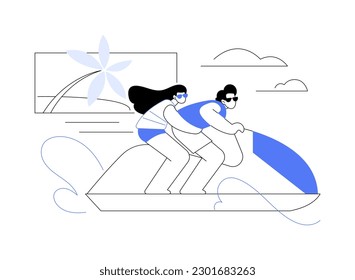 Jetski montar en abstracto concepto ilustración vectorial. Una pareja joven monta una moto acuática, transporte marítimo, deportes de vela, pasatiempo recreativo, aventura marítima, amantes de las motos acuáticas, metáfora abstracta.