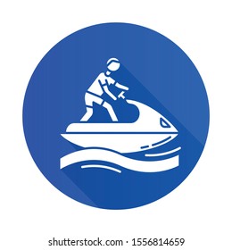 Jetskiing blue flat design long shadow glyph icon. Summer activity. Jet ski riding. Man on water scooter. Watersports, extreme and dangerous kind of sport.Vector silhouette illustration