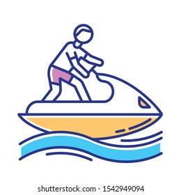 Jetskiing color icon. Summer activity. Jet ski riding. Man on water scooter. Watersports, extreme and dangerous kind of sport. Recreational outdoor activity. Isolated vector illustration