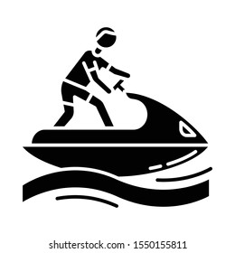 Jetskiing glyph icon. Summer activity. Jet ski riding. Man on water scooter. Watersports, extreme and dangerous kind of sport. Silhouette symbol. Negative space. Vector isolated illustration