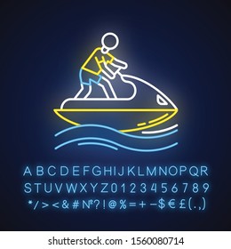 Jetskiing neon light icon. Summer activity. Jet ski riding. Man on water scooter. Watersports, extreme kind of sport. Glowing sign with alphabet, numbers and symbols. Vector isolated illustration