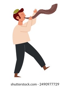 jew blowing the shofar horn on rosh hashanah isolated