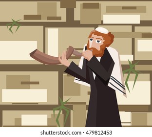 jew blowing the shofar near the Wall - cartoon vector illustration