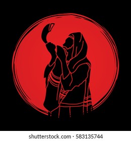 Jew blowing the shofar sheep horn on sunrise background graphic vector.