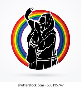 Jew blowing the shofar sheep horn on line rainbows background graphic vector.