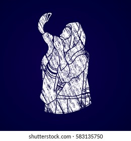 Jew blowing the shofar sheep horn designed using grunge brush graphic vector.