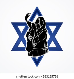 Jew blowing the shofar sheep horn on Israel star background graphic vector.