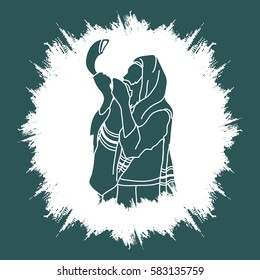 Jew blowing the shofar sheep horn on grunge frame background graphic vector.