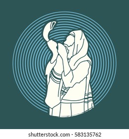 Jew blowing the shofar sheep horn on circle light background graphic vector.