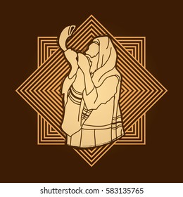 Jew blowing the shofar sheep horn on line square background graphic vector.