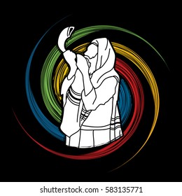 Jew blowing the shofar sheep horn on spin wheel  background graphic vector.